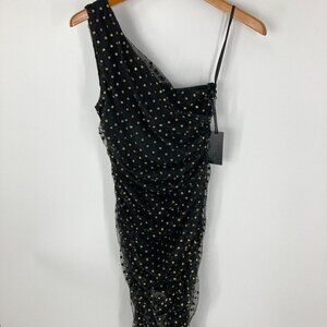 NWT Revolve h:ours black gold dot one shoulder mini dress sz S